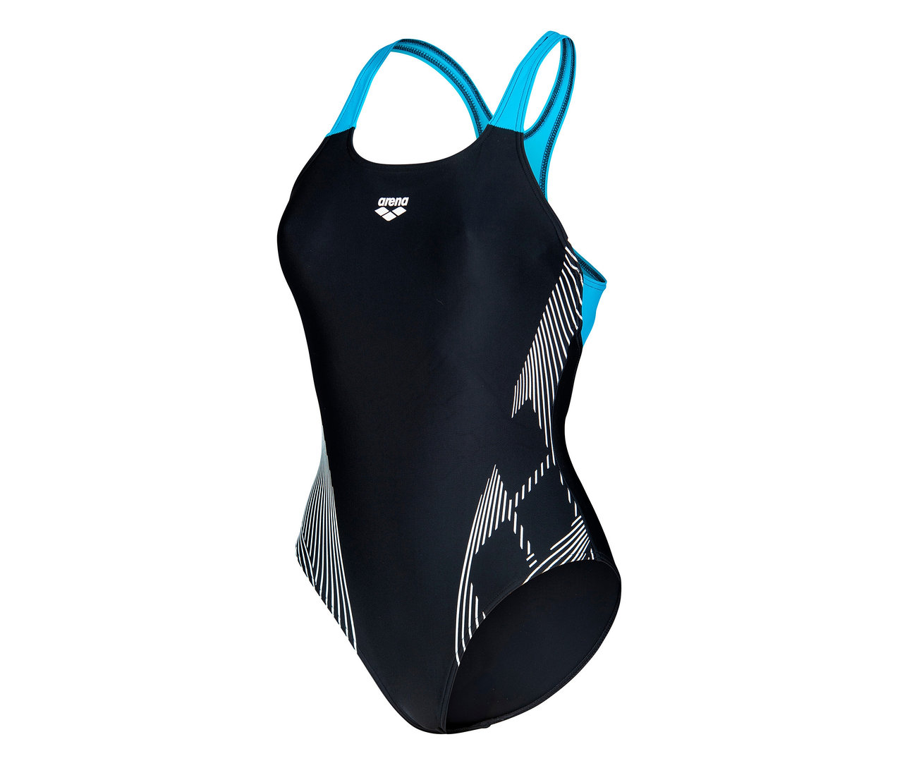 Černé dámské plavky s podprsenkou arena Feel Lily Swim Pro Back s tyrkysovými ramínky a bílým geometrickým vzorem.