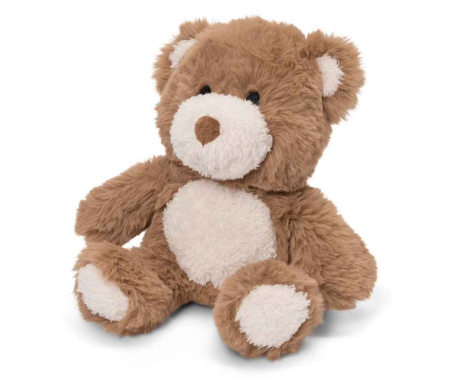 Hnědý plyšový medvídek sedí na bílém pozadí.