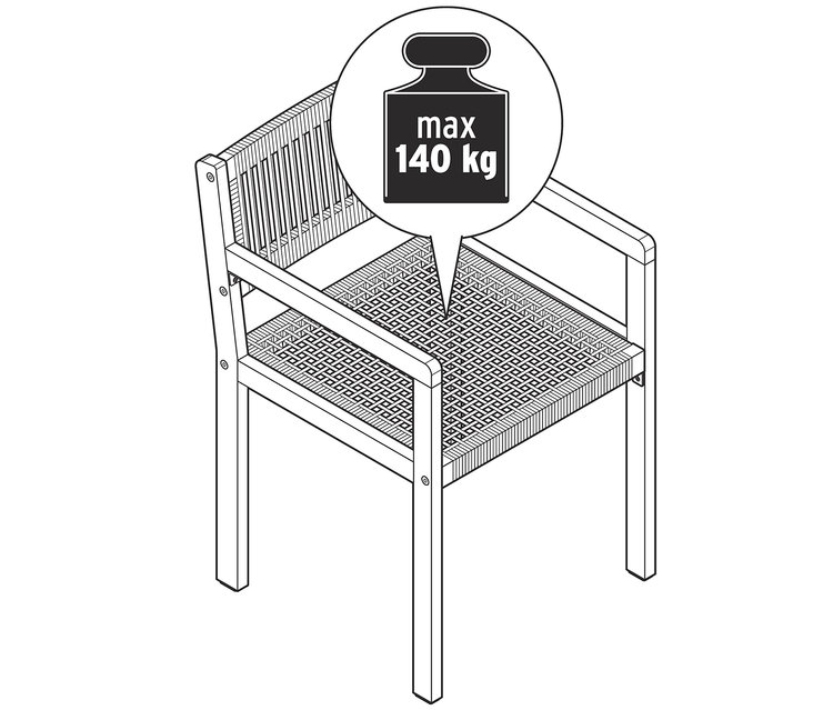 Ilustrace jídelní židle s textilním výpletem s maximální nosností 140 kg.
