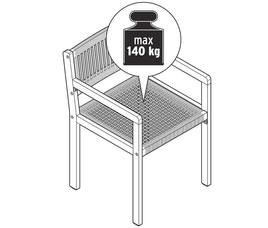 Ilustrace jídelní židle s textilním výpletem s maximální nosností 140 kg.