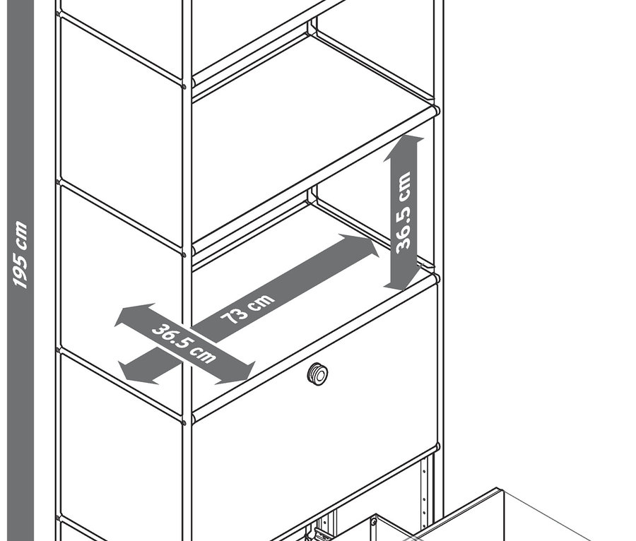 Ilustrace kovového regálu »CN3« se 2 zásuvkami a uvedenými rozměry.