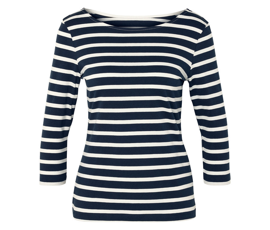 Modro-bílý pruhovaný top s tříčtvrtečními rukávy.
