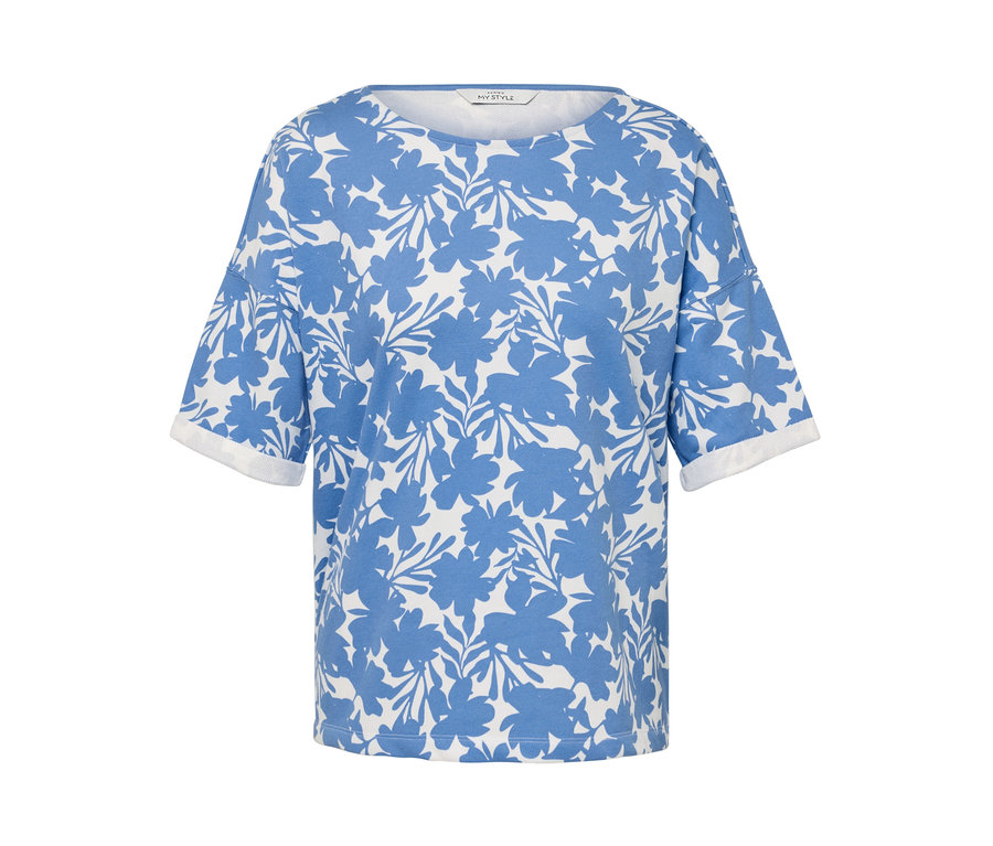 Světle modrá mikina s květinovým potiskem.