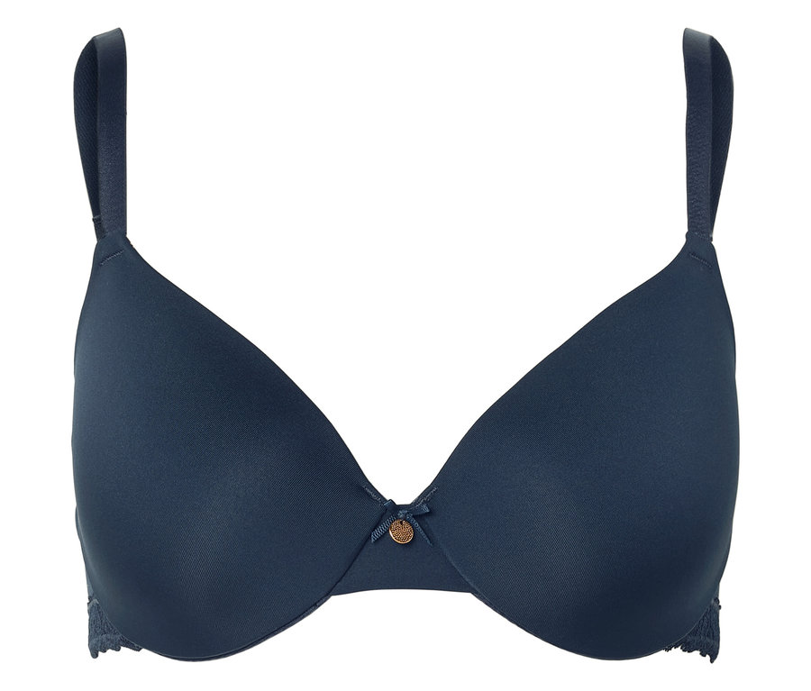 Tmavě modrá podprsenka s tenkými ramínky a malým ozdobným detailem uprostřed.