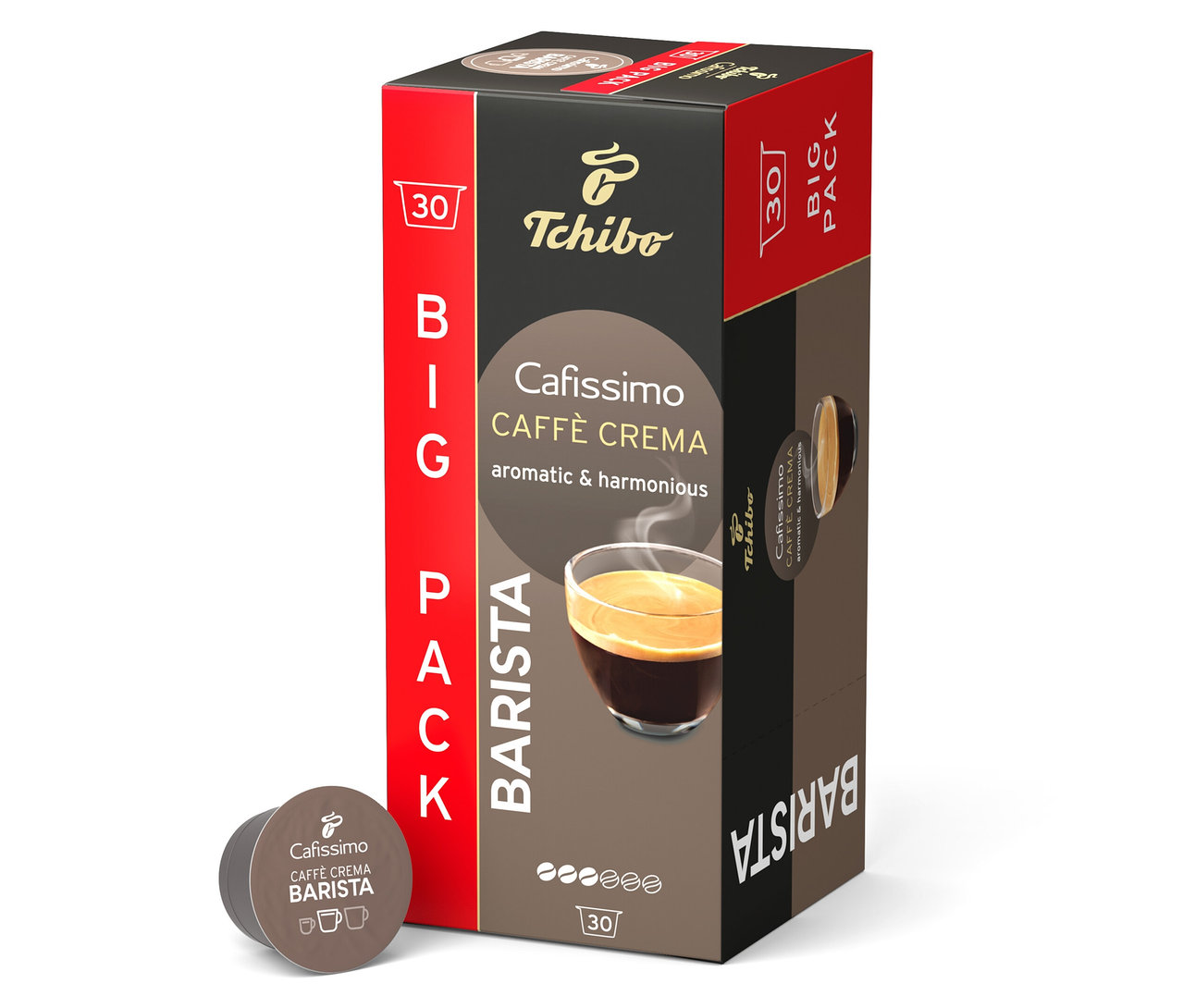 Balení kávových kapslí Tchibo Cafissimo Caffe Crema Barista stojí na bílém pozadí.