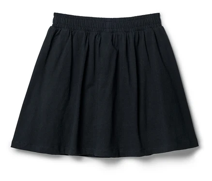 Tmavě modrá sukně s elastickým pasem leží na bílém pozadí.