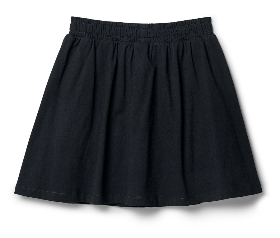 Tmavě modrá sukně s elastickým pasem leží na bílém pozadí.