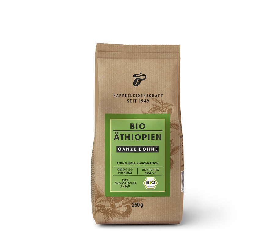 Hnědý papírový sáček Biokáva – 250 g zrnkové kávy.
