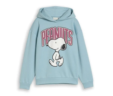 Světle modrá mikina s kapucí s potiskem Snoopyho a nápisem 'PEANUTS'.