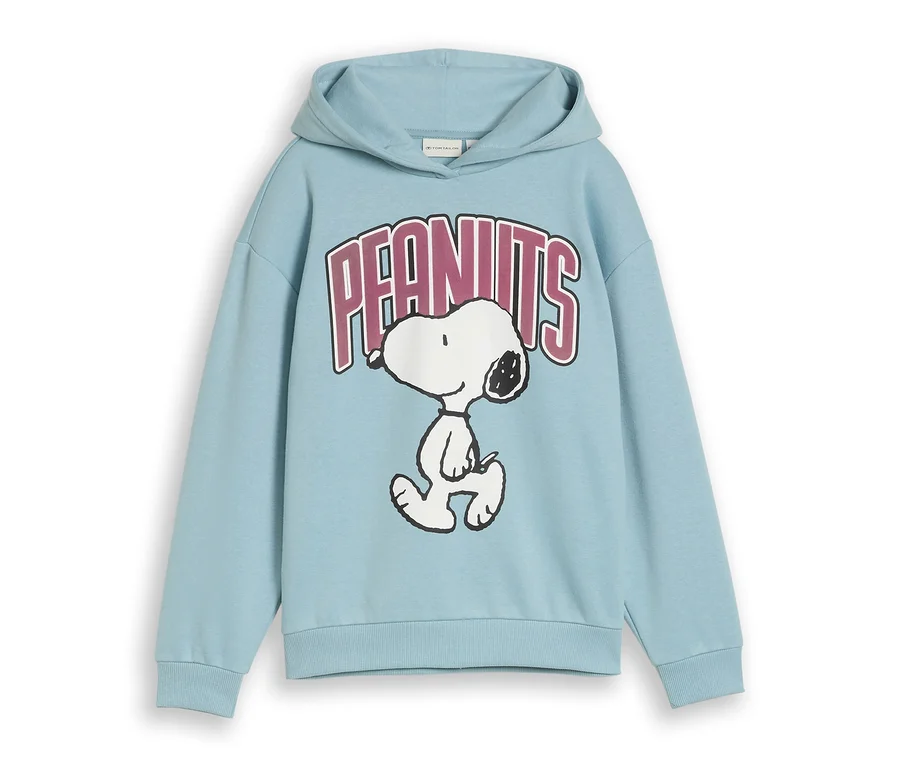 Světle modrá mikina s kapucí s potiskem Snoopyho a nápisem 'PEANUTS'.