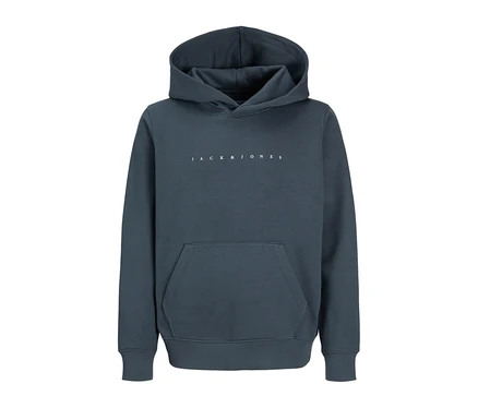 Tmavě šedá mikina s kapucí Jack&Jones Star s kapucí, klokaní kapsou a bílým logem Jack&Jones na hrudi.