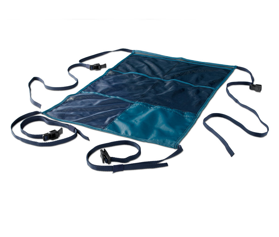 Modrý organizér na kempování a do auta s popruhy a přezkami.