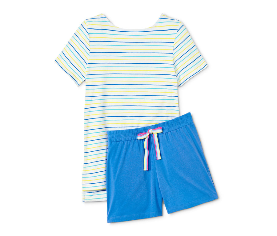 Dámské krátké pyžamo s krátkým rukávem a modrými šortkami.