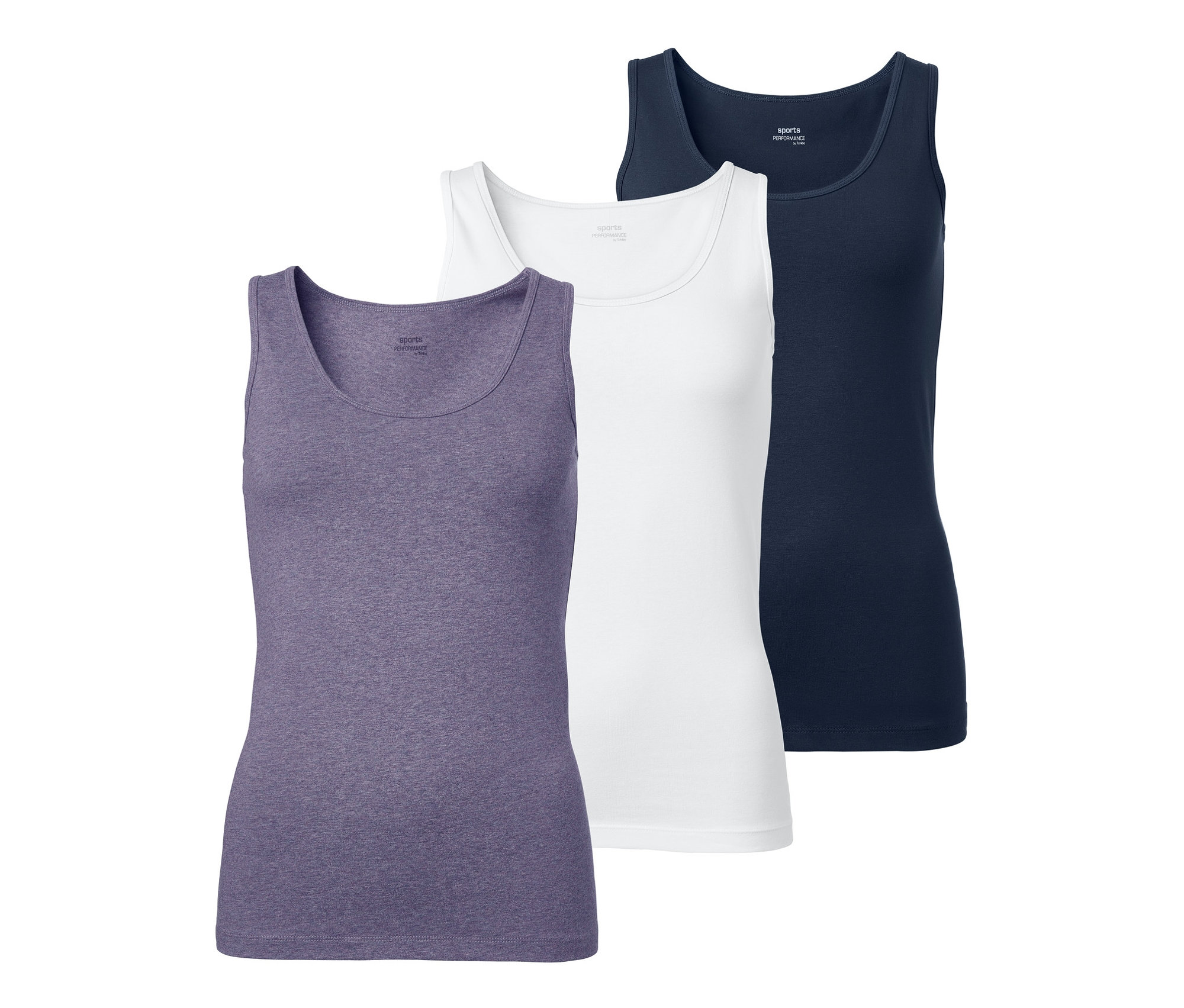 Tři topy: fialový, bílý a tmavě modrý.