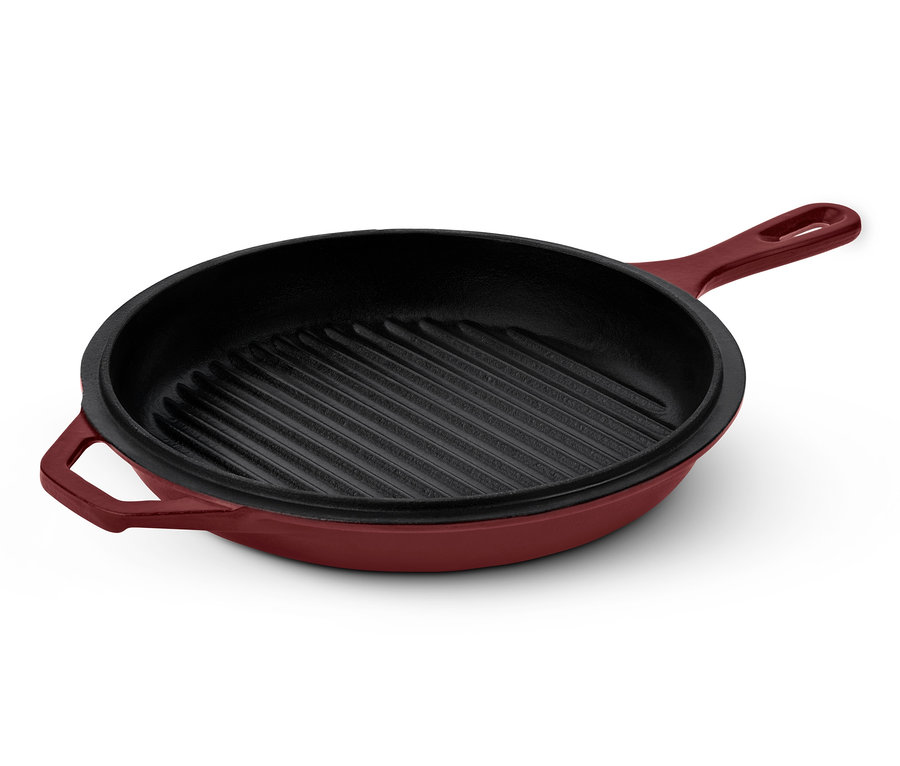 Litinový hrnec a pánev 2 v 1 v bordó barvě.