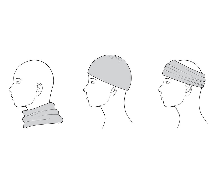 Nákresy ukazují multifunkční šálu a čepici na modelech zobrazených z profilu.