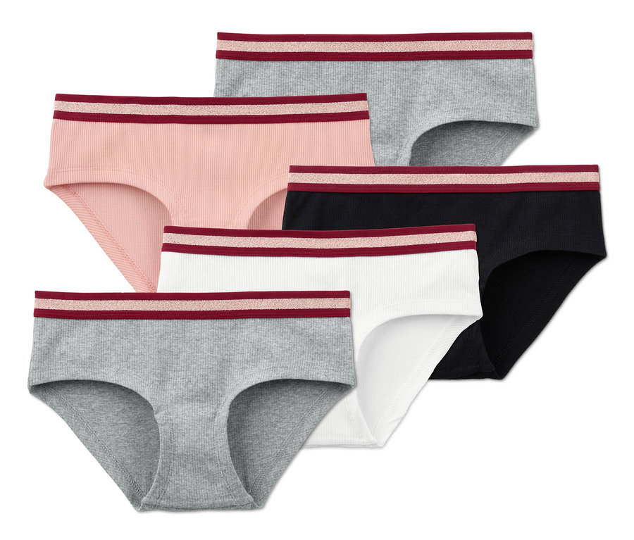 Pět párů kalhotek střihu hipster v barvách šedá, růžová, černá a bílá.