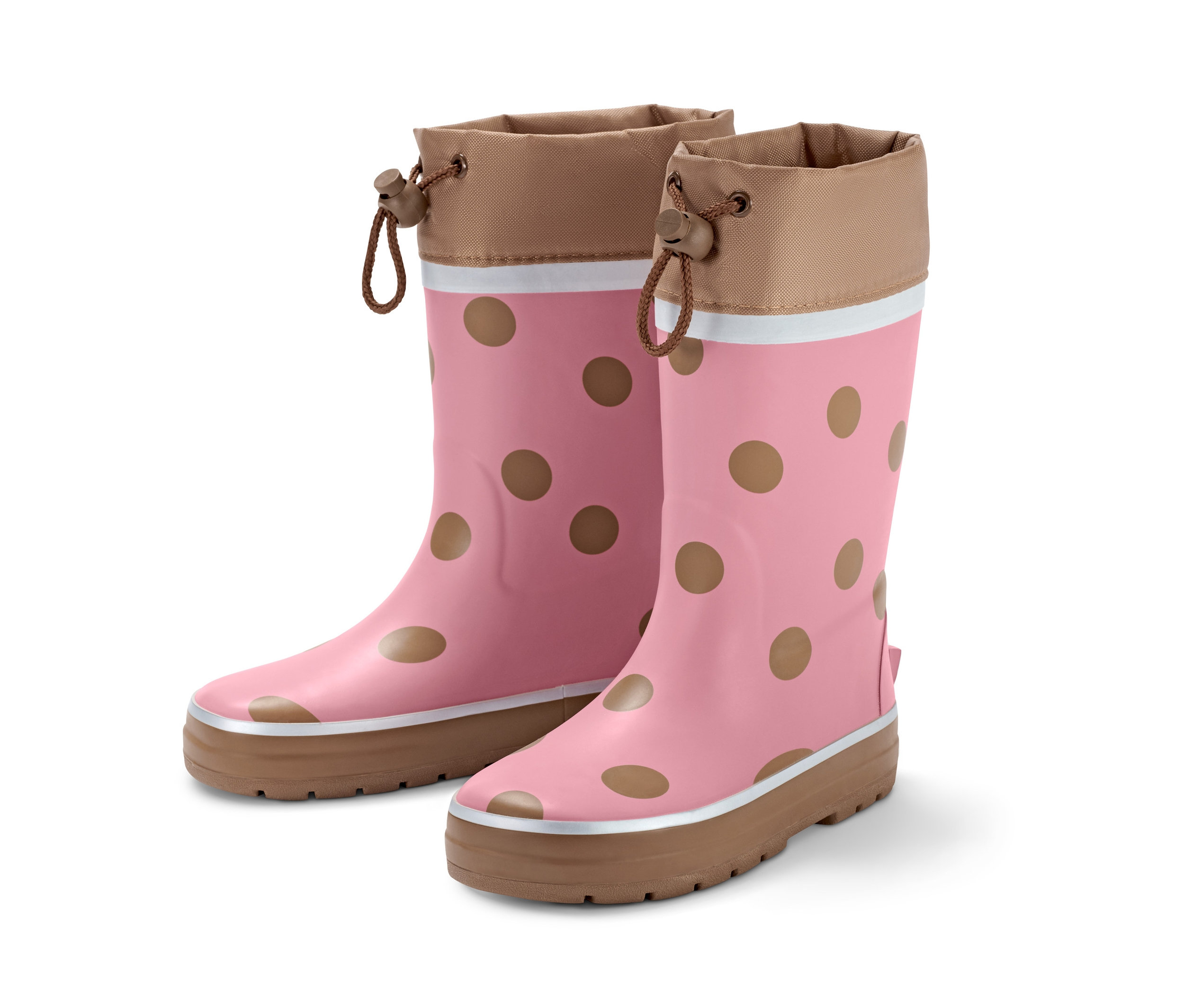 Dva gumové holínky s hnědými puntíky na růžovém pozadí.