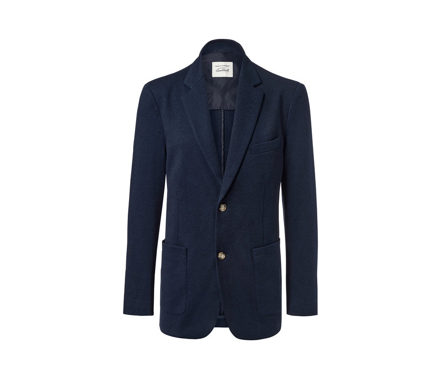 Tmavě modré sako s knoflíky a kapsami.