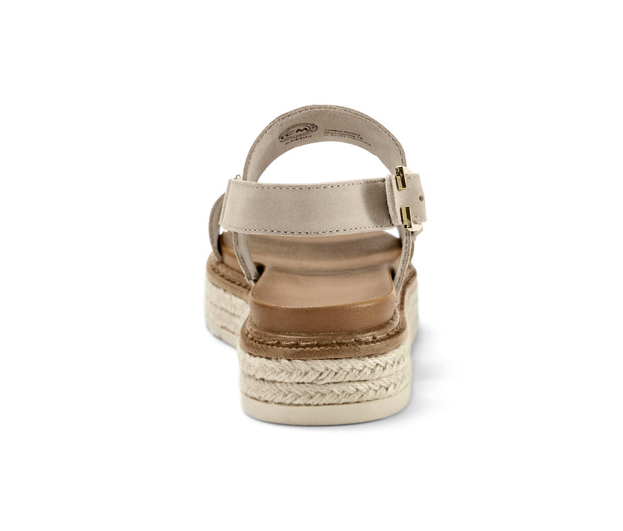 Pohled zezadu na kožené sandály na platformě s béžovými pásky a jutovou platformou.