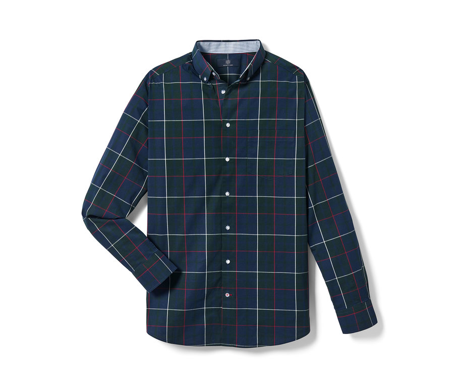 Modrá kostkovaná košile.