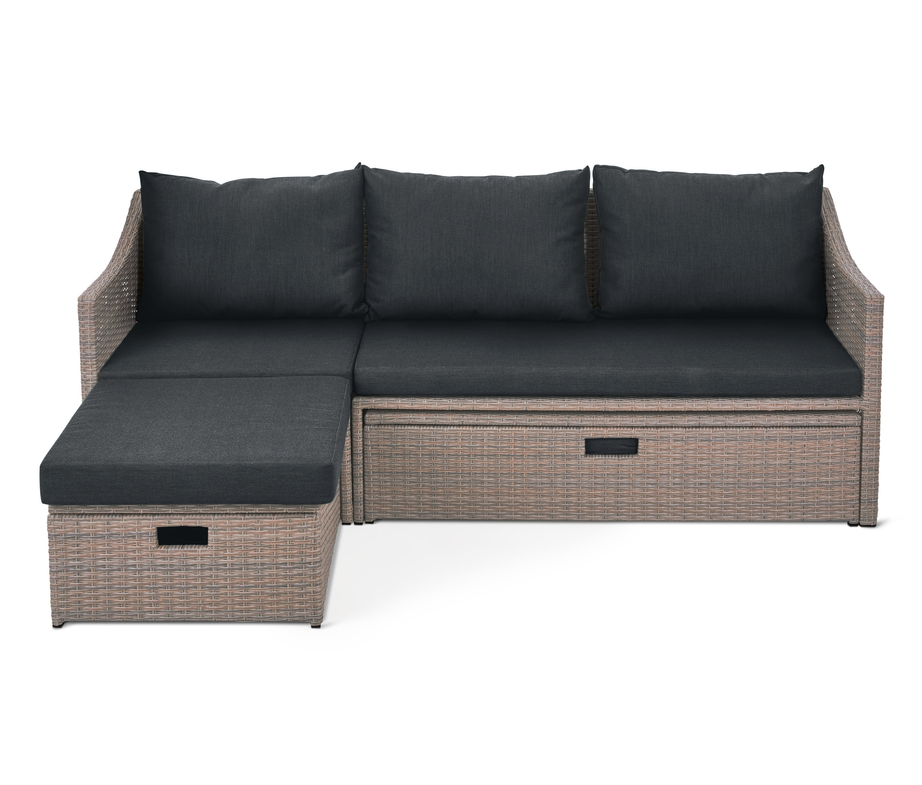 Rozkládací zahradní pohovka Polyratan s tmavě šedými polštáři a sedáky.