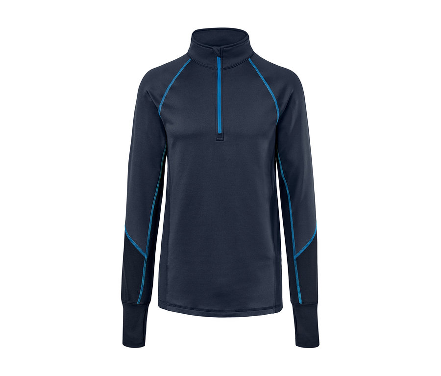 Funkční termotriko s dlouhým rukávem a modrým zipem.