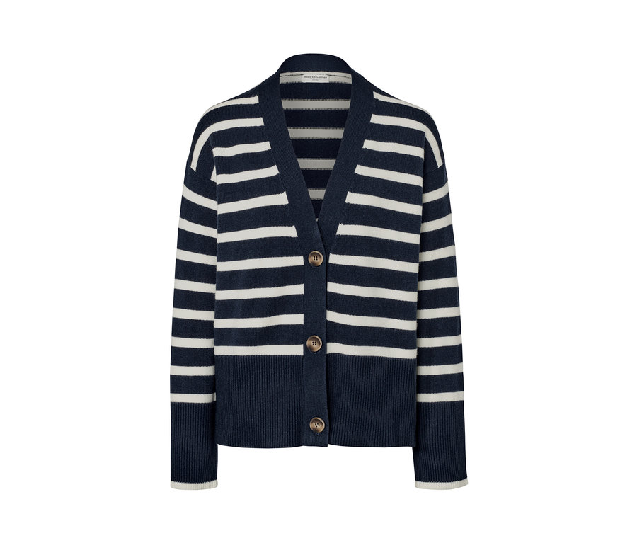 Pruhovaný kardigan s knoflíky.