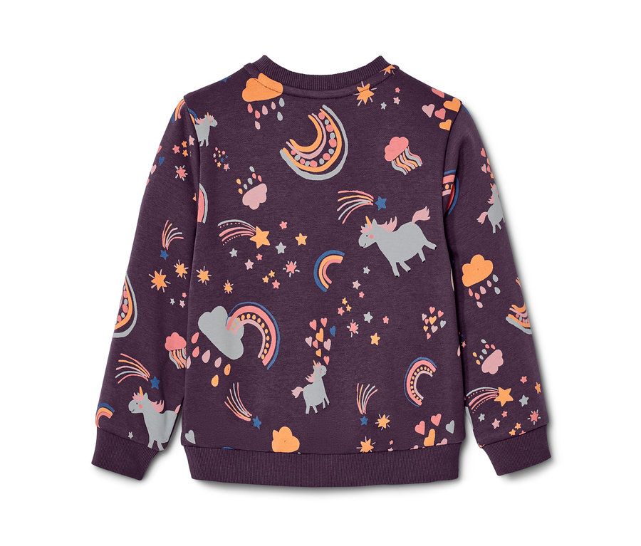 Tmavě fialová dětská mikina s celoplošným potiskem jednorožců, hvězd a duhy.