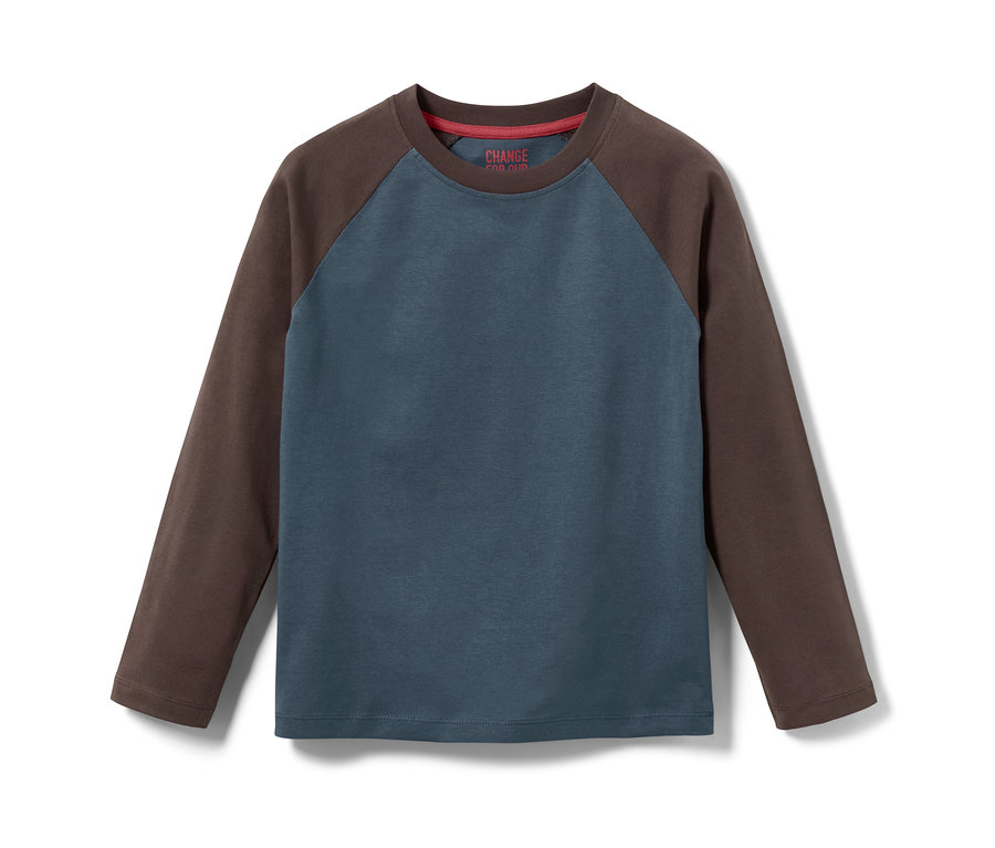 Modré a hnědé dětské tričko s dlouhým rukávem z 2 ks soupravy.