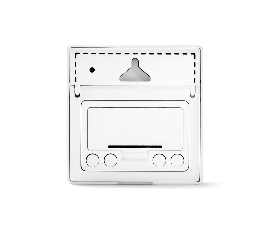 Bílá meteostanice s displejem a třemi kulatými tlačítky.