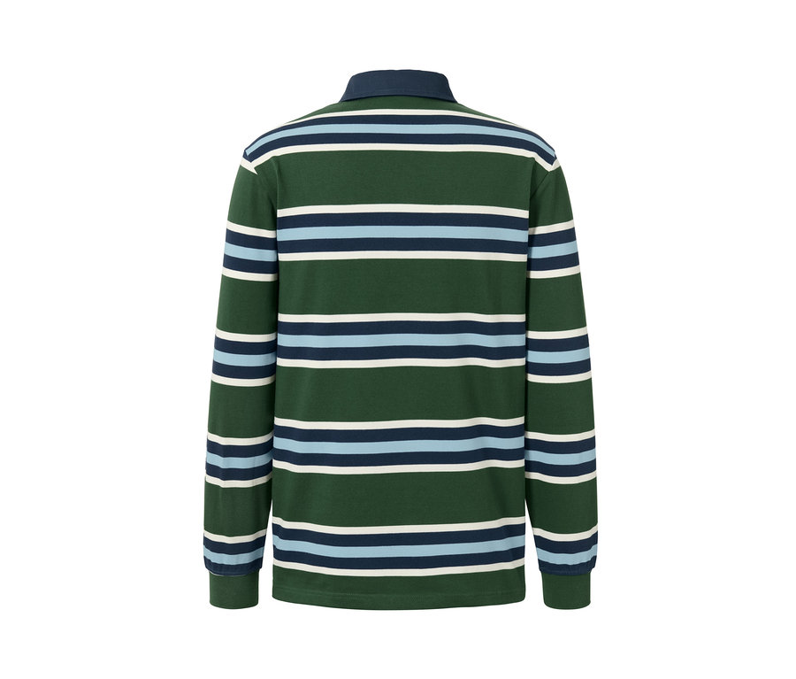 Zadní pohled na polokošili s dlouhým rukávem se zelenými, modrými a bílými vodorovnými pruhy.