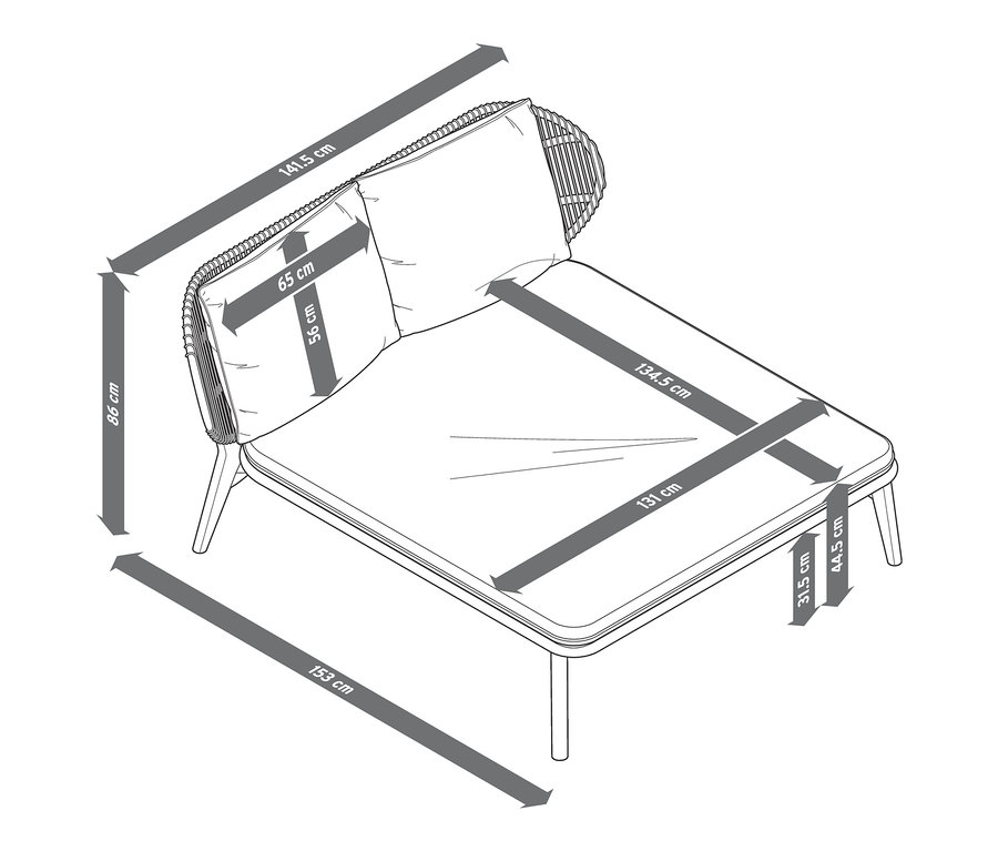 Nákres pohovky na denní spaní s podhlavníkem a textilním výpletem a vyznačenými rozměry.