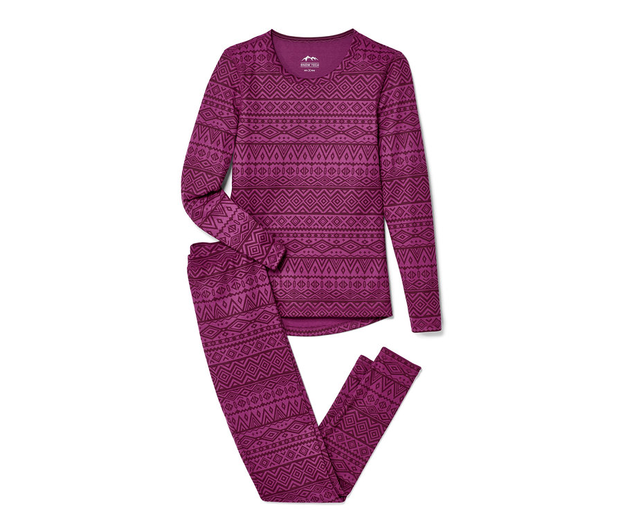 Funkční spodní termoprádlo s dlouhým rukávem a kalhotami s geometrickým vzorem.