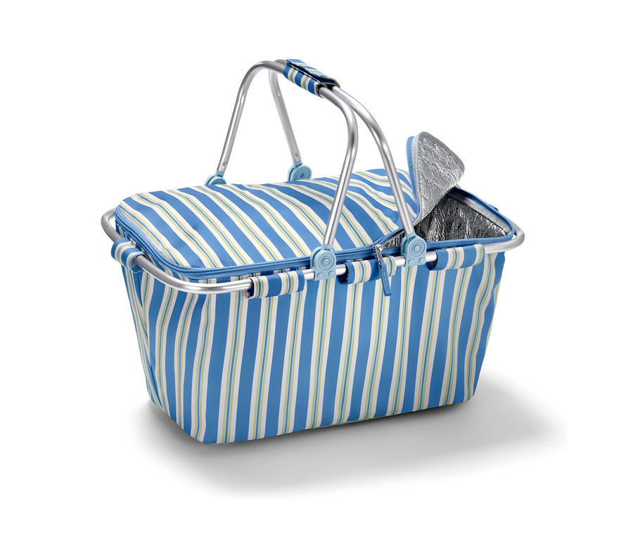 Pruhovaný chladicí koš s hliníkovou rukojetí a částečně odklopeným víkem.
