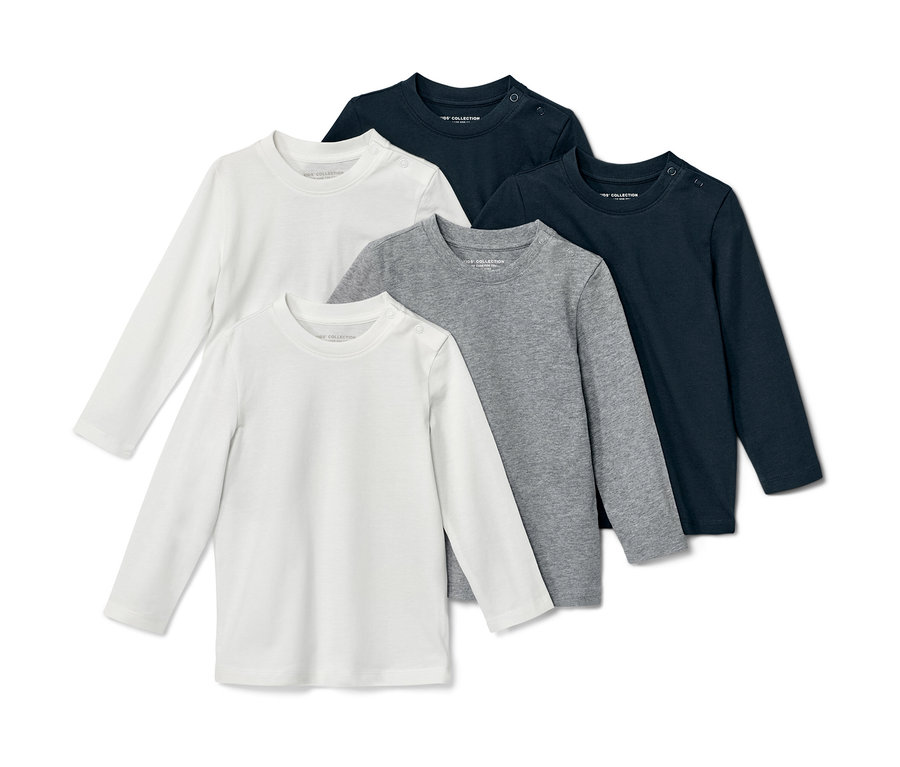 Pět dětských triček s dlouhým rukávem v bílé, šedé a tmavě modré barvě.