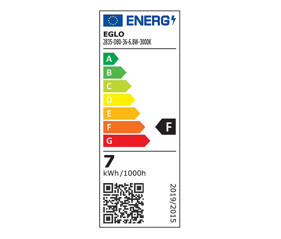 Energetický štítek LED závěsné lampy se 4 světly, třída F, spotřeba 7 kWh/1000h.