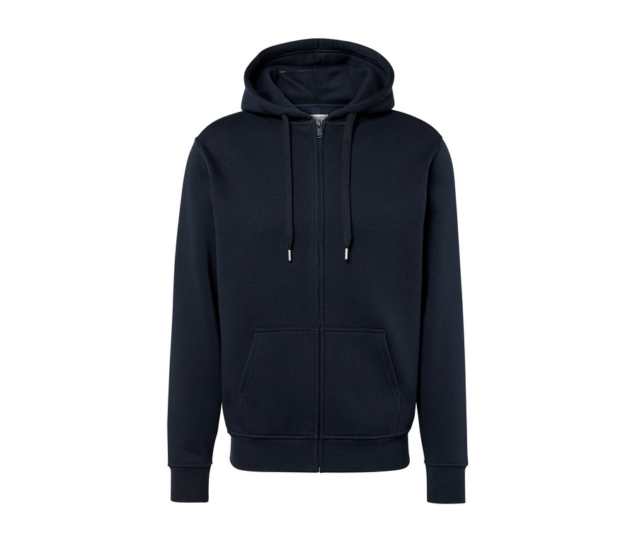 Tmavě modrá mikina s kapucí se zipem uprostřed.