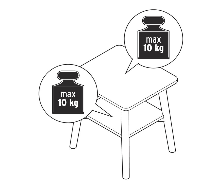 Ilustrace odkládacího stolku s maximální nosností 10 kg.