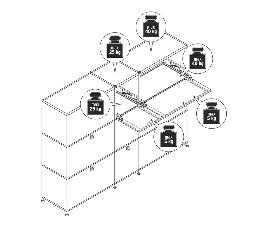 Diagram znázorňuje modulární komodu CN3 s otevřenými a zavřenými výklopnými dvířky a maximálními limity hmotnosti.