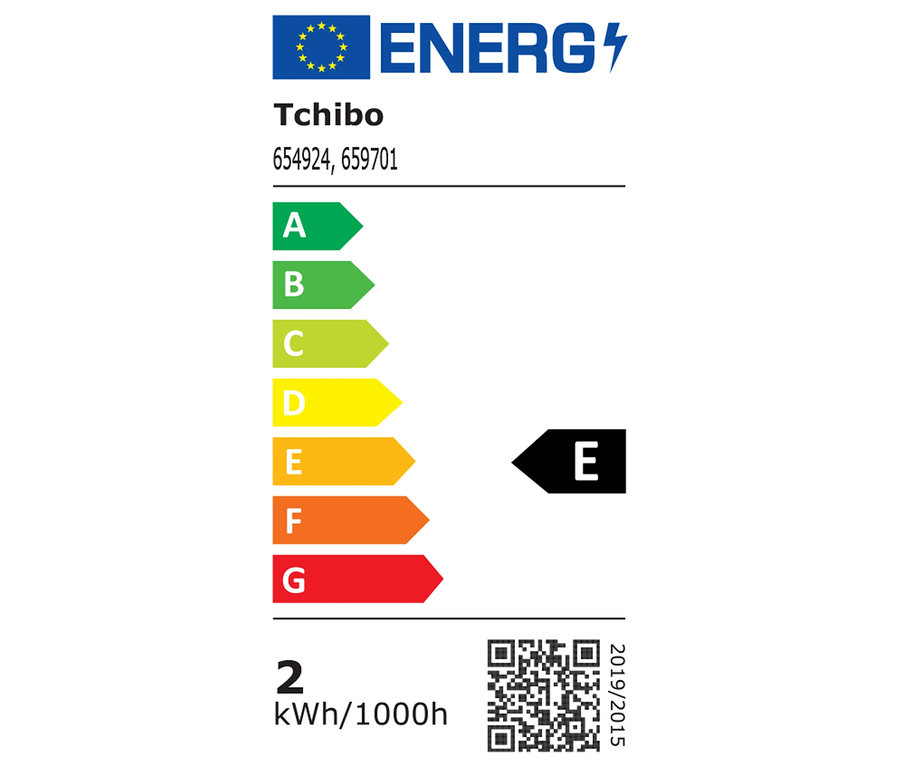 Energetický štítek Tchibo s třídou energetické účinnosti E.