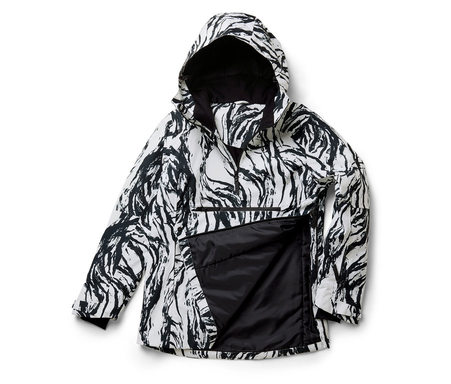 Bílo-černá bunda se zvířecím potiskem se zipem a kapucí.