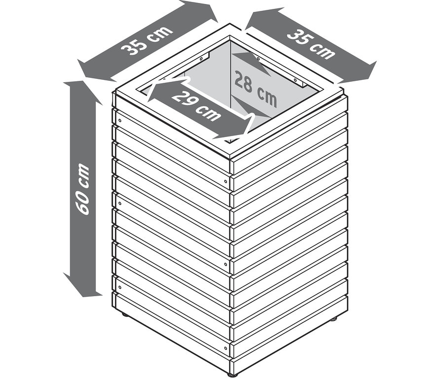 Rozměry svislého sloupového květináče Tinus jsou 60 cm na výšku a 35 cm na šířku.