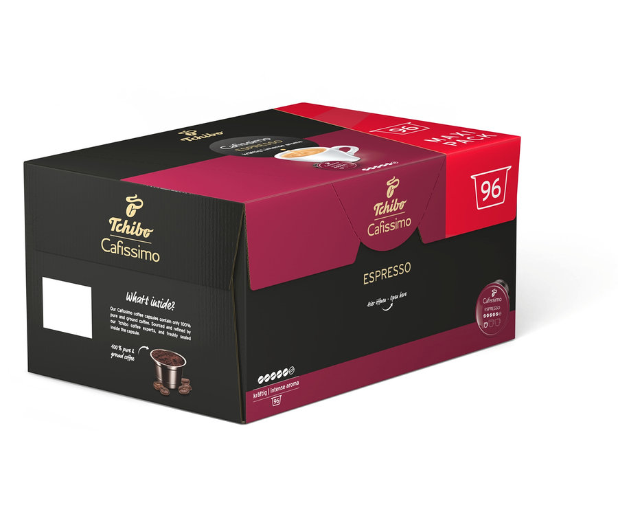 Balení 96 kapslí Tchibo Cafissimo Espresso. Balení je černé, červené a bílé.