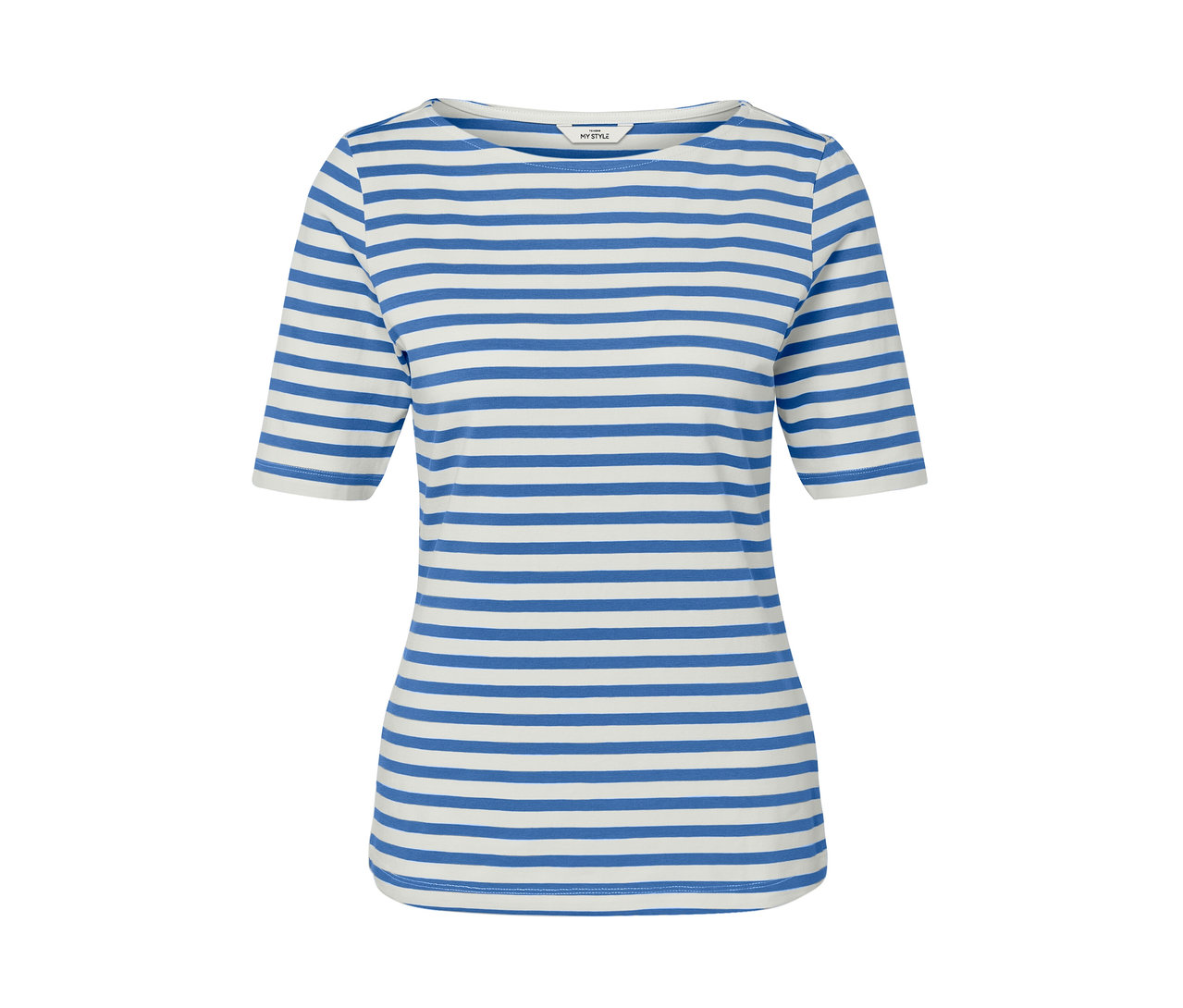 Proužkované modré triko s polodlouhým rukávem.