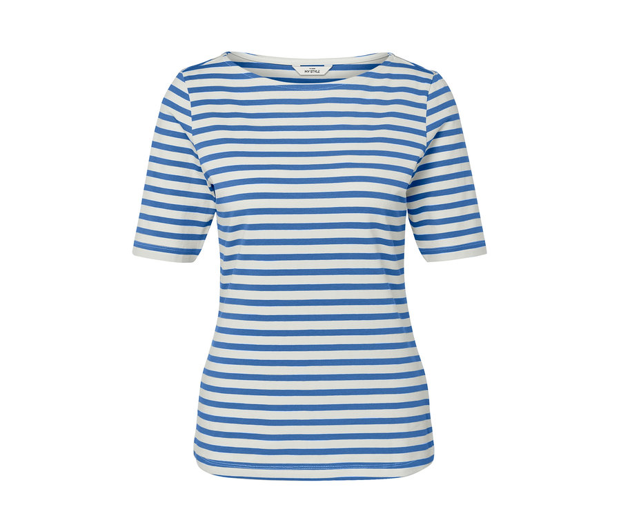 Proužkované modré triko s polodlouhým rukávem.