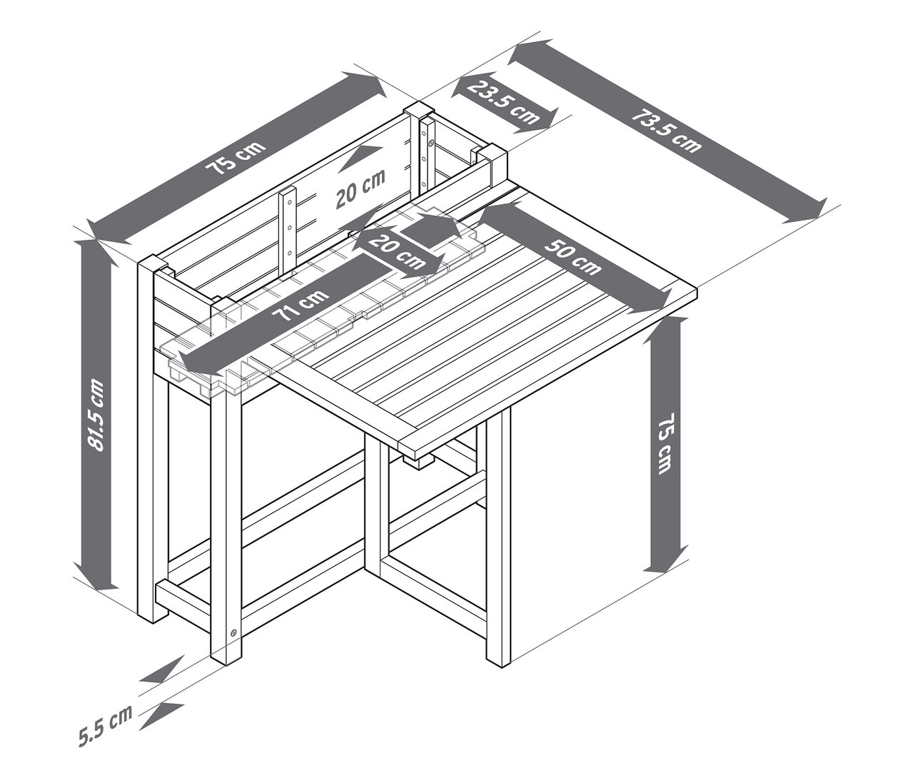 Detailní schematický nákres zahradního stolu s nástavbou na rostliny a rozměry v centimetrech.