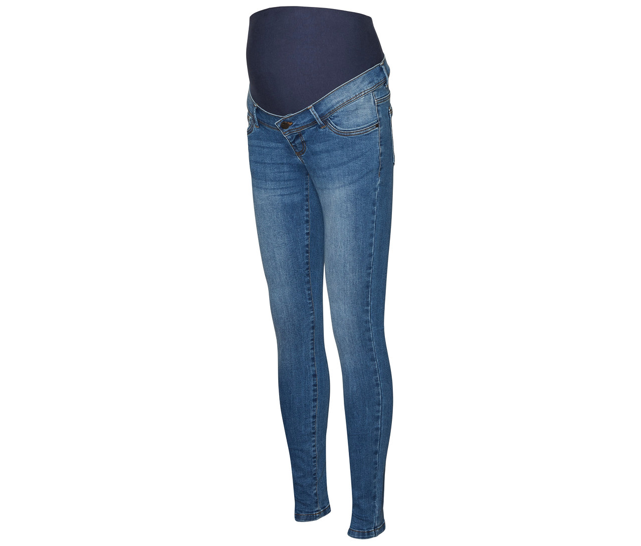 Detail skinny džínů MAMALICIOUS »MLMILA« s tmavě modrým břišním pásem.