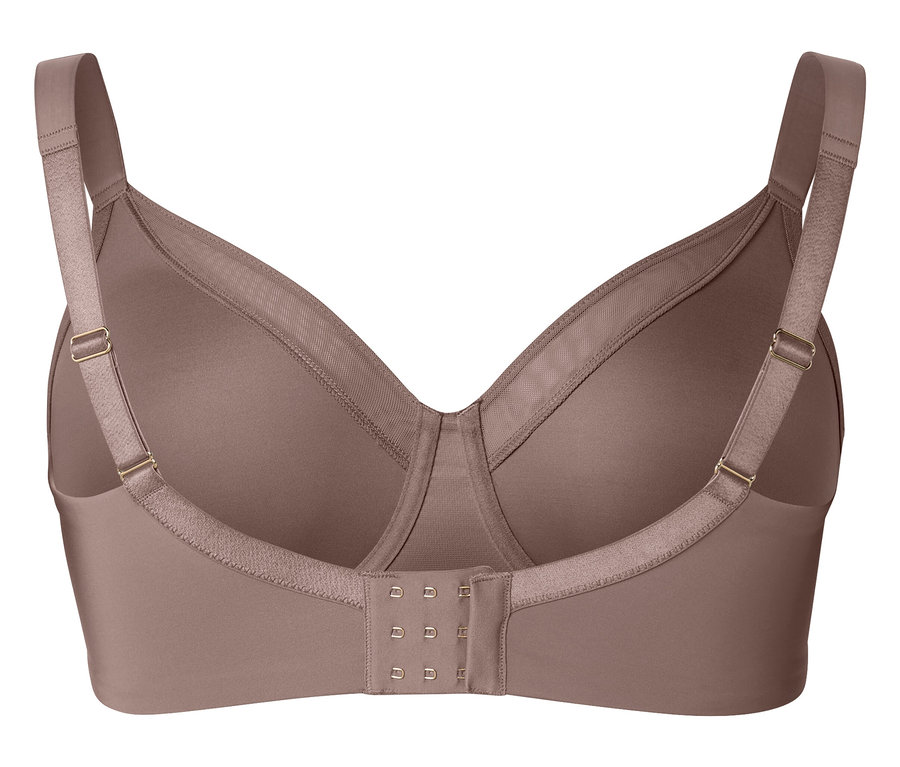 Detailní záběr na zadní stranu podprsenky bez ramínek v barvě mauve se zapínáním na háčky a očka.