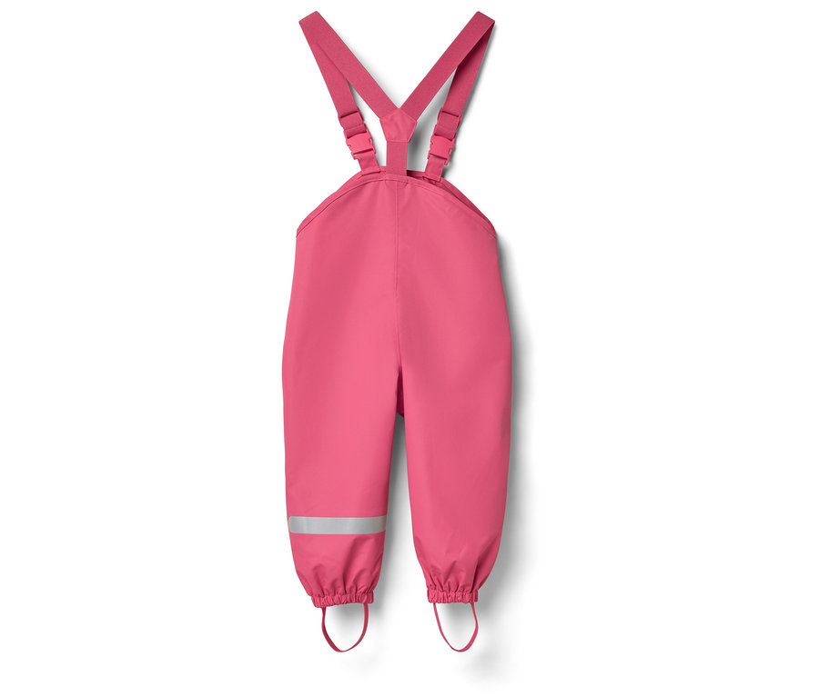 Růžové kalhoty do deště s laclem a reflexními pruhy.